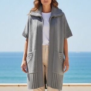 BCBGMAXAZRIA Chunky Knit Zip Cardigan L Gray Cozy Short Sleeve Sweater Pockets